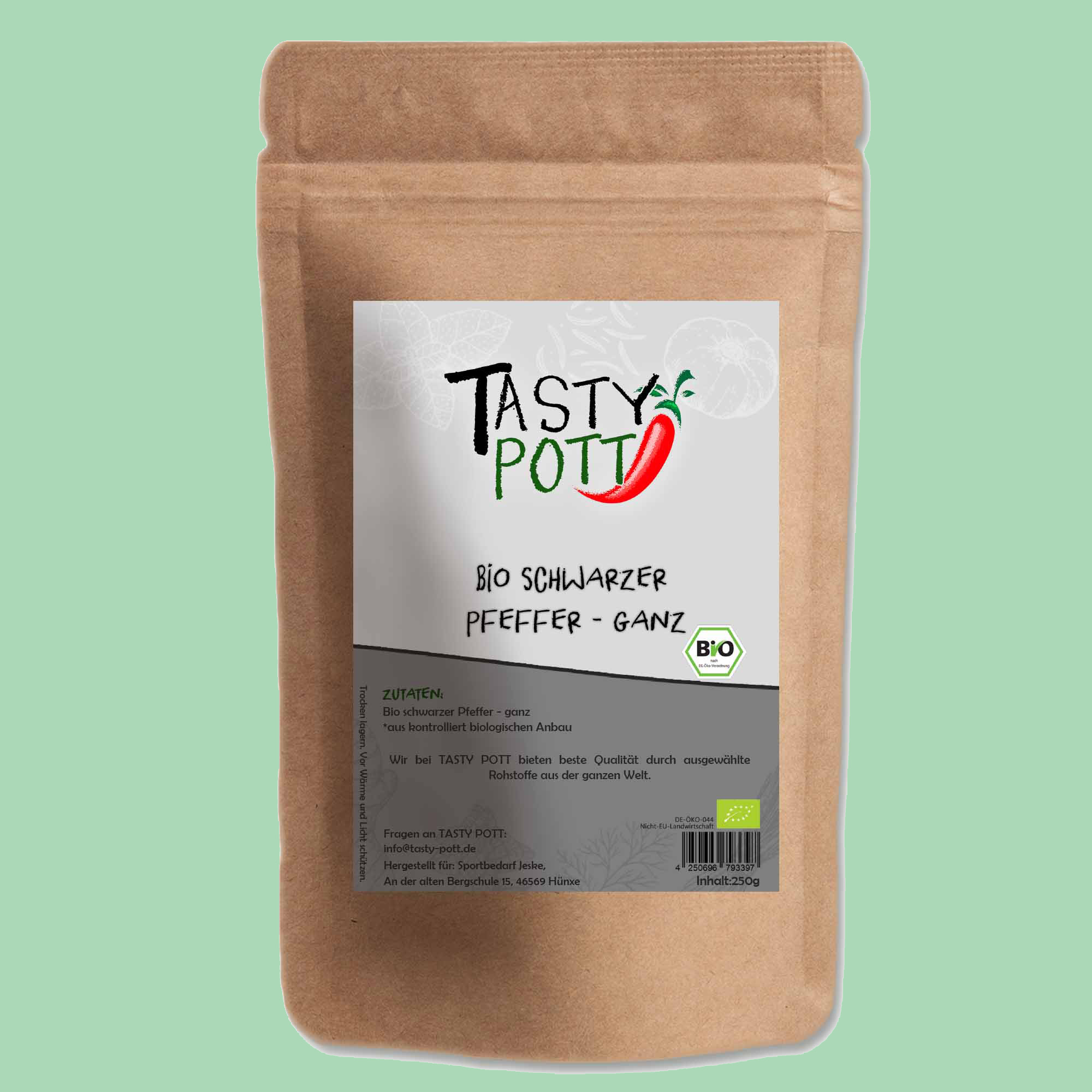 Tasty Pott Bio Schwarzer Pfeffer ganze Körner für Pfeffermühlen 