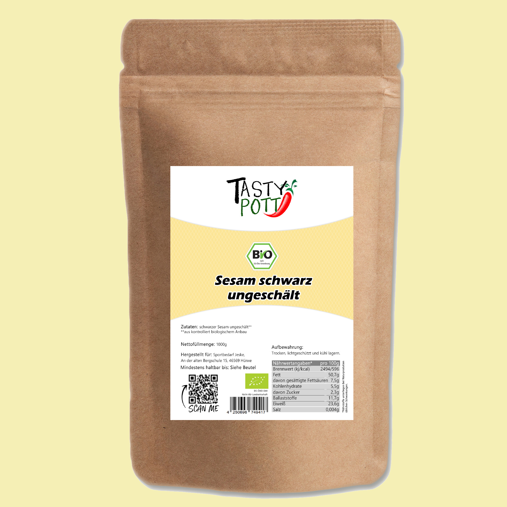 Schwarzer Bio Sesam - ungeschält - 1kg Beutel von Tasty Pott