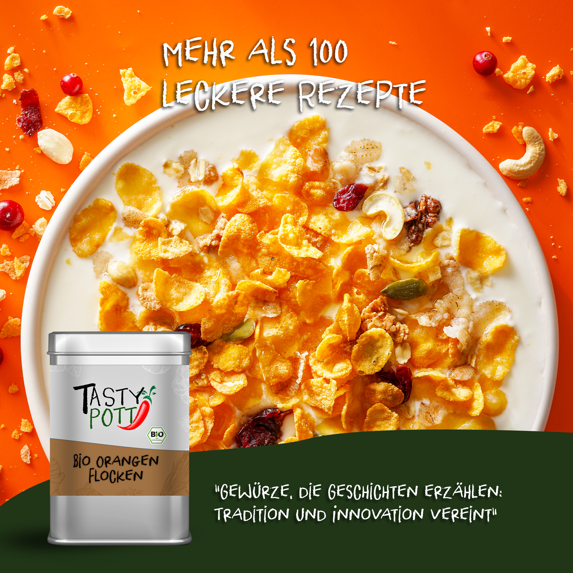 Bio Orangenschalen Flocken - Fruchtpulver - 100g Dose von Tasty Pott 