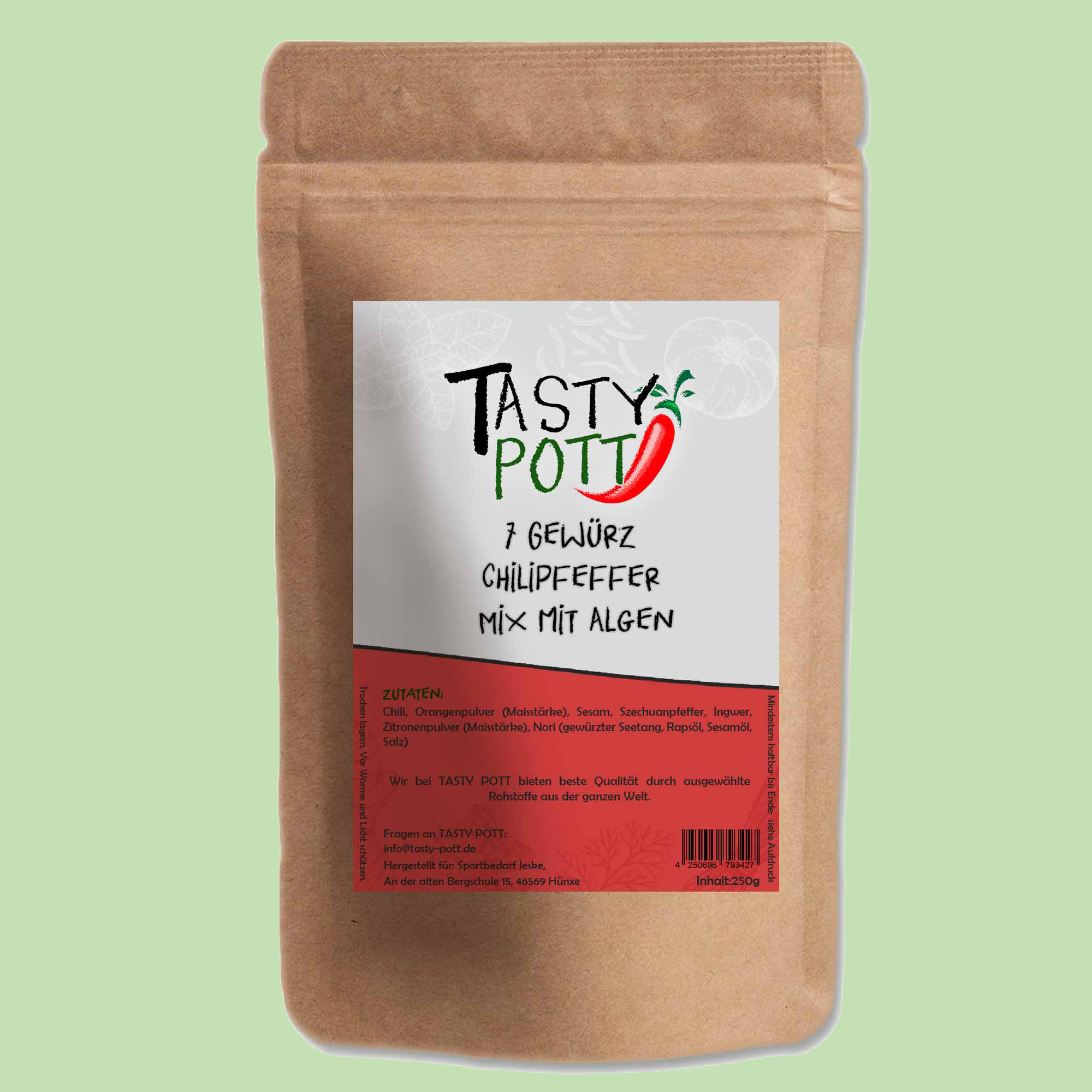 7 Gewürz Chilipfeffer mit Algen - Chili Pfeffer scharf - 30g Beutel Tasty Pott 