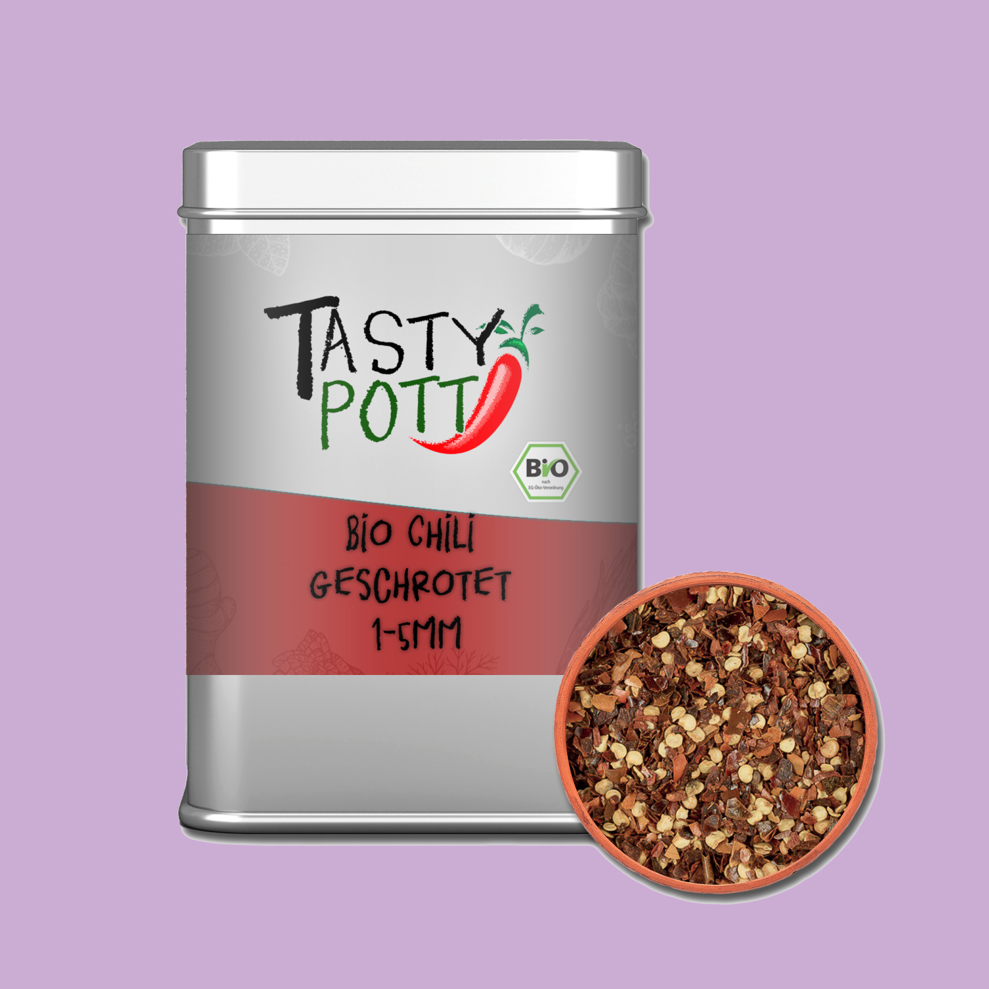 Bio Chili geschrotet mit Saat 60g Dose von Tasty Pott Bio Chili geschrotet mit Saat 60g Dose von Tasty Pott