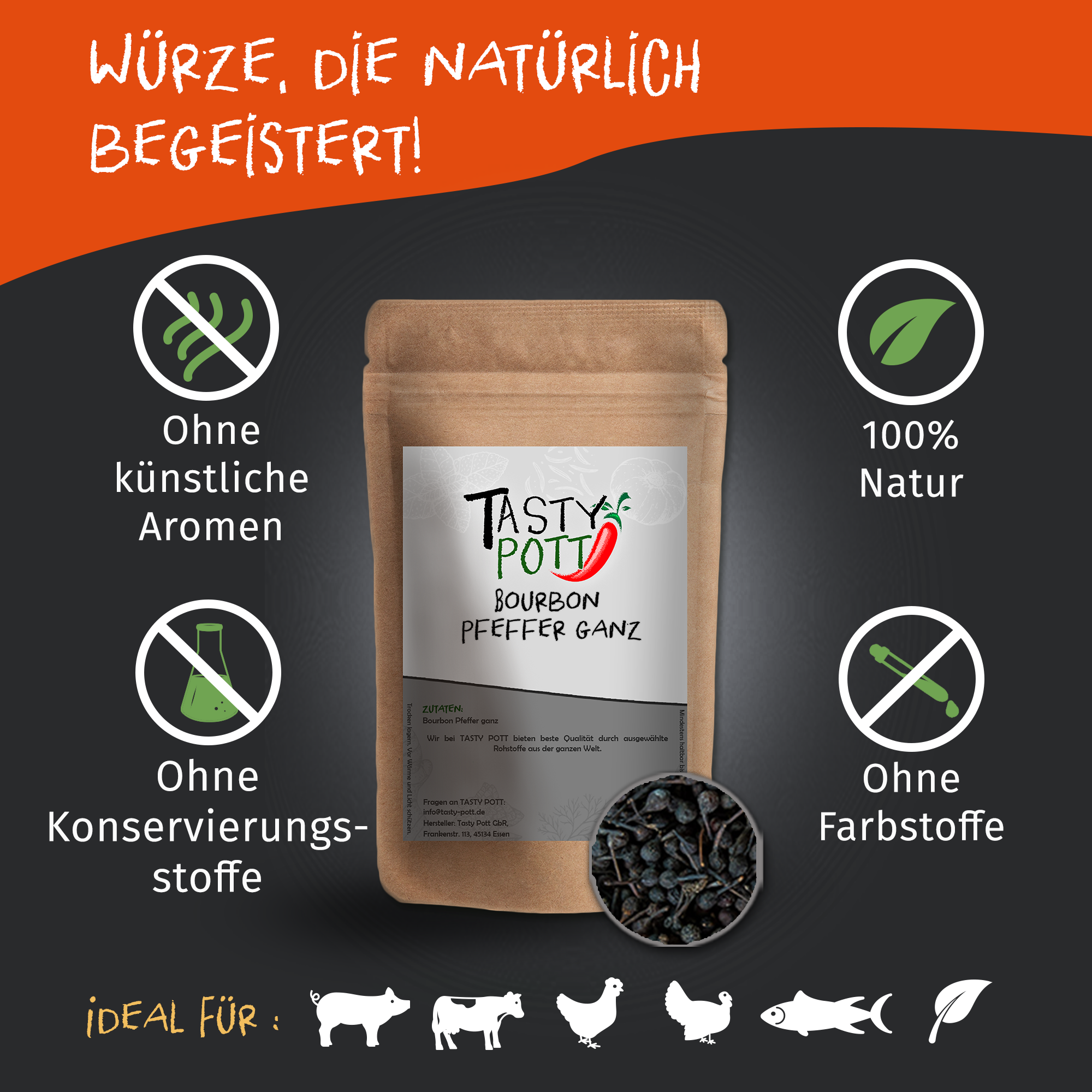 Bourbon Pfeffer schwarz ganz 50g - von Tasty Pott