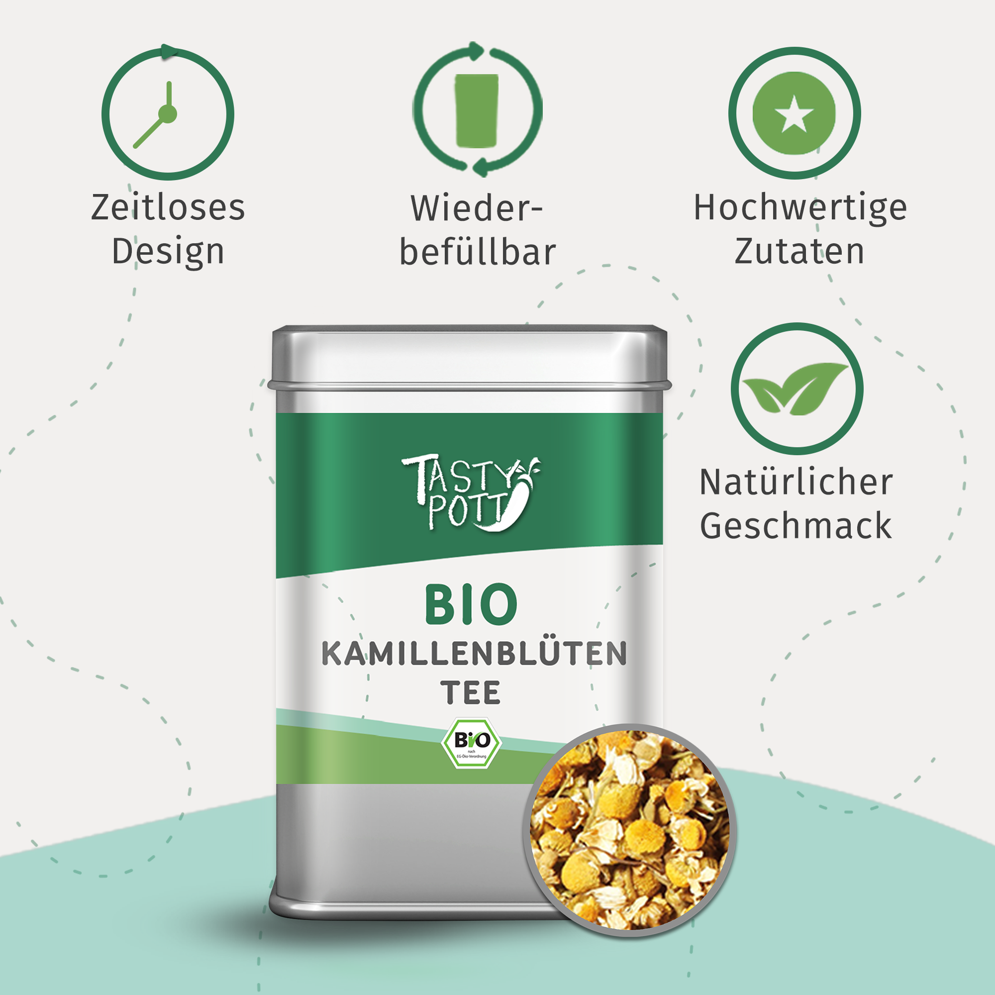 Bio Kamillenblüten Tee - lose Kamillentee - 20g Dose Tasty Pott Bio Kamillenblüten Tee - lose Kamillentee - 20g Dose Tasty Pott