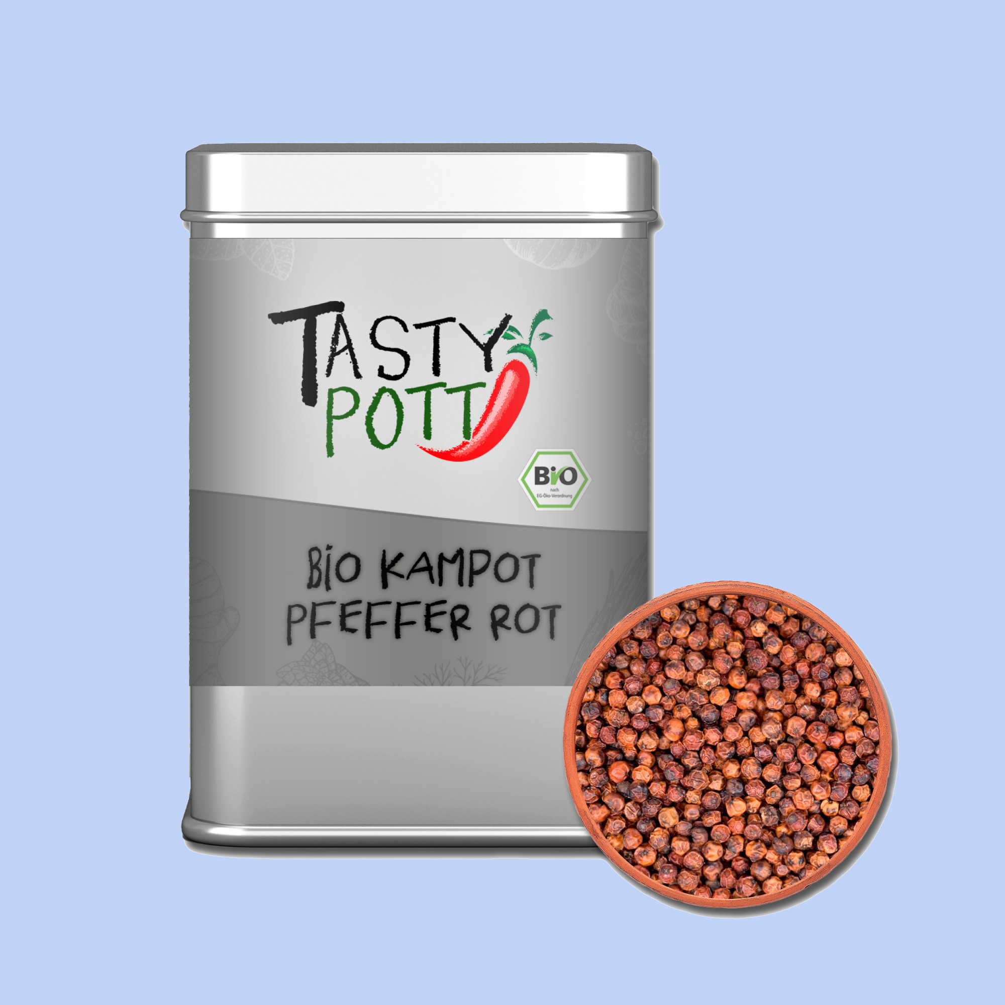 Tasty Pott Bio Kampot Pfeffer - Rote Pfefferkörner fruchtiges Aroma - 70g Dose Tasty Pott  Tasty Pott Bio Kampot Pfeffer - Rote Pfefferkörner fruchtiges Aroma - 70g Dose Tasty Pott