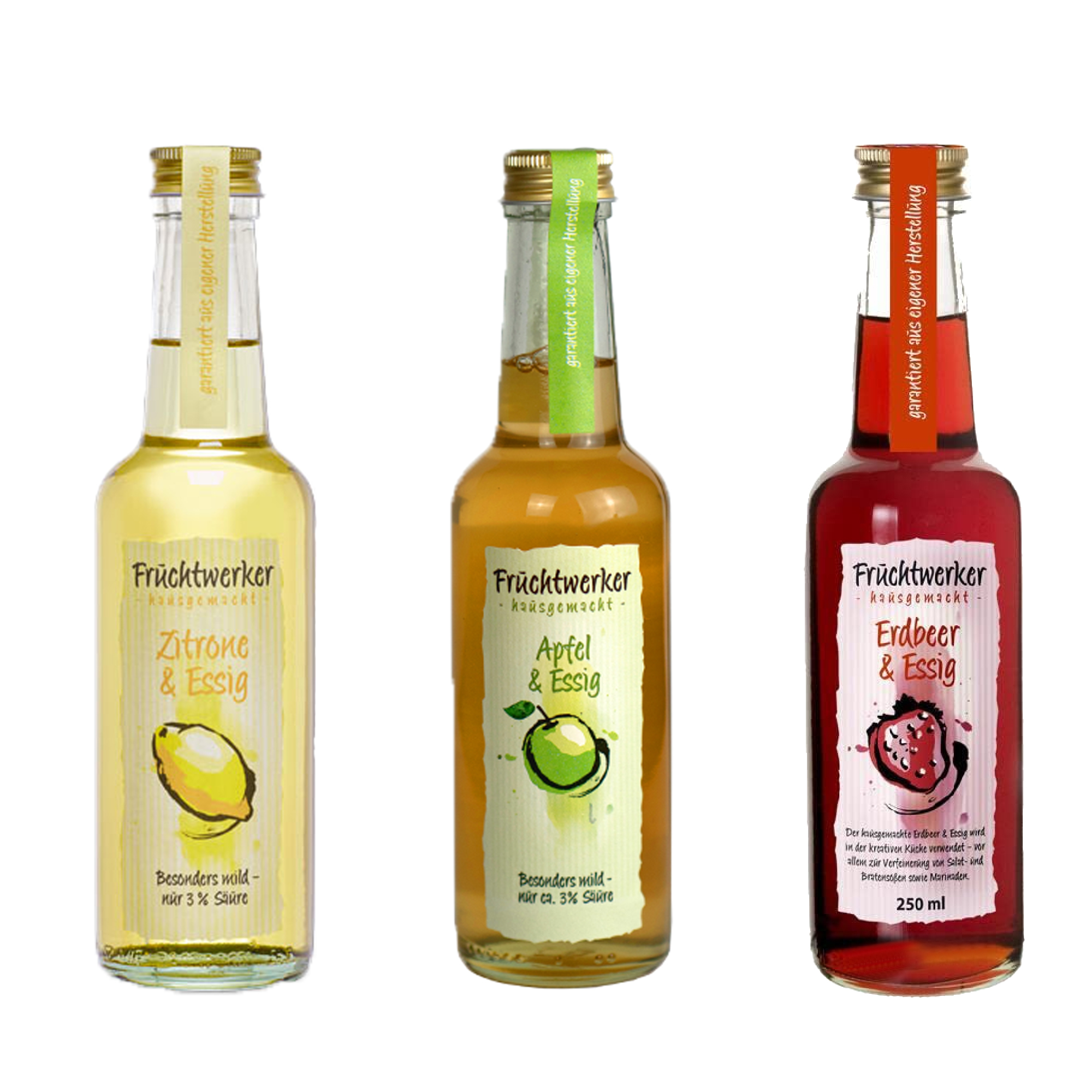 Fruchtwerker Essig und Frucht Set - Erdbeere + Apfel + Zitrone Fruchtwerker Essig und Frucht Set - Erdbeere + Apfel + Zitrone