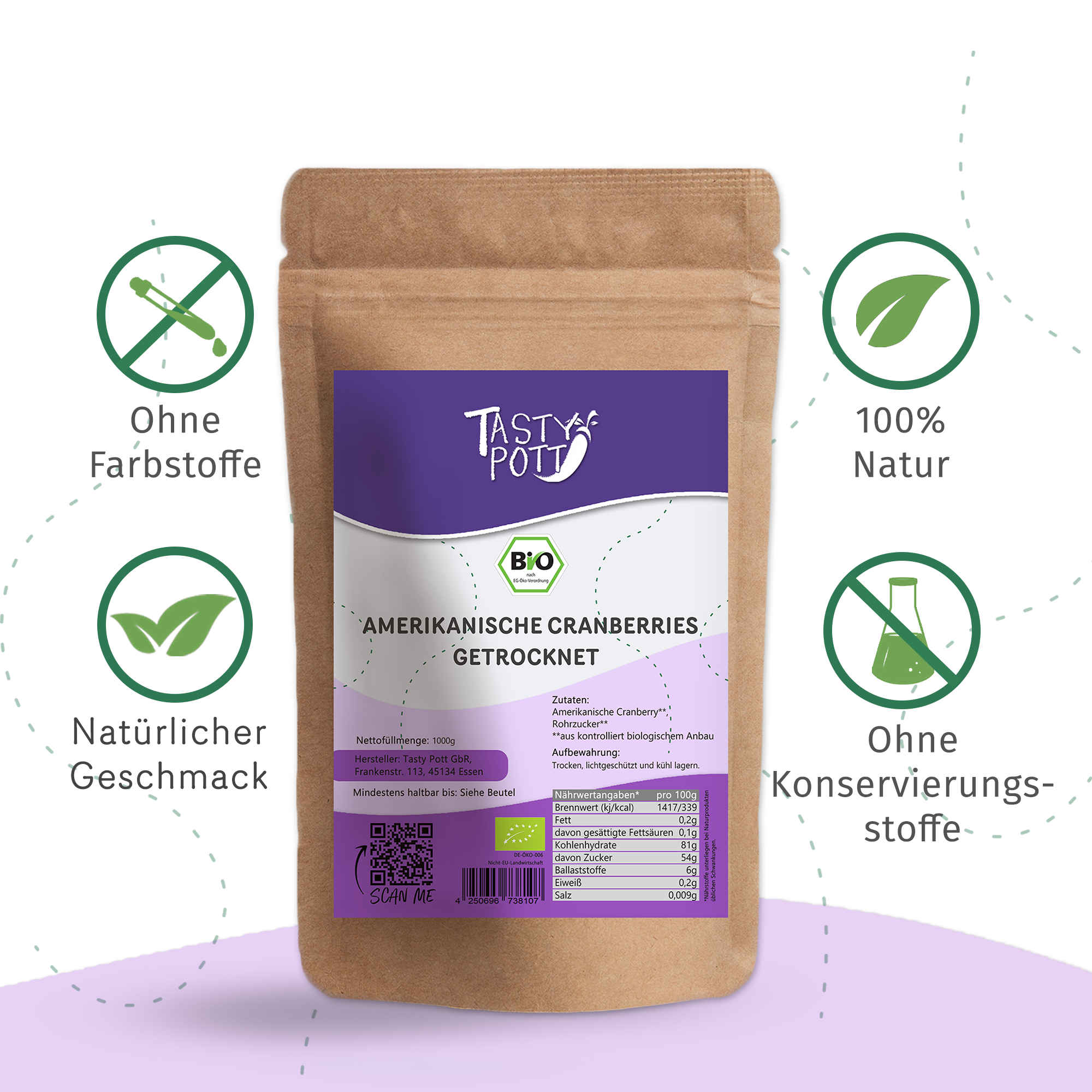 Tasty Pott Amerikanische Bio Cranberries, getrocknet 1Kg