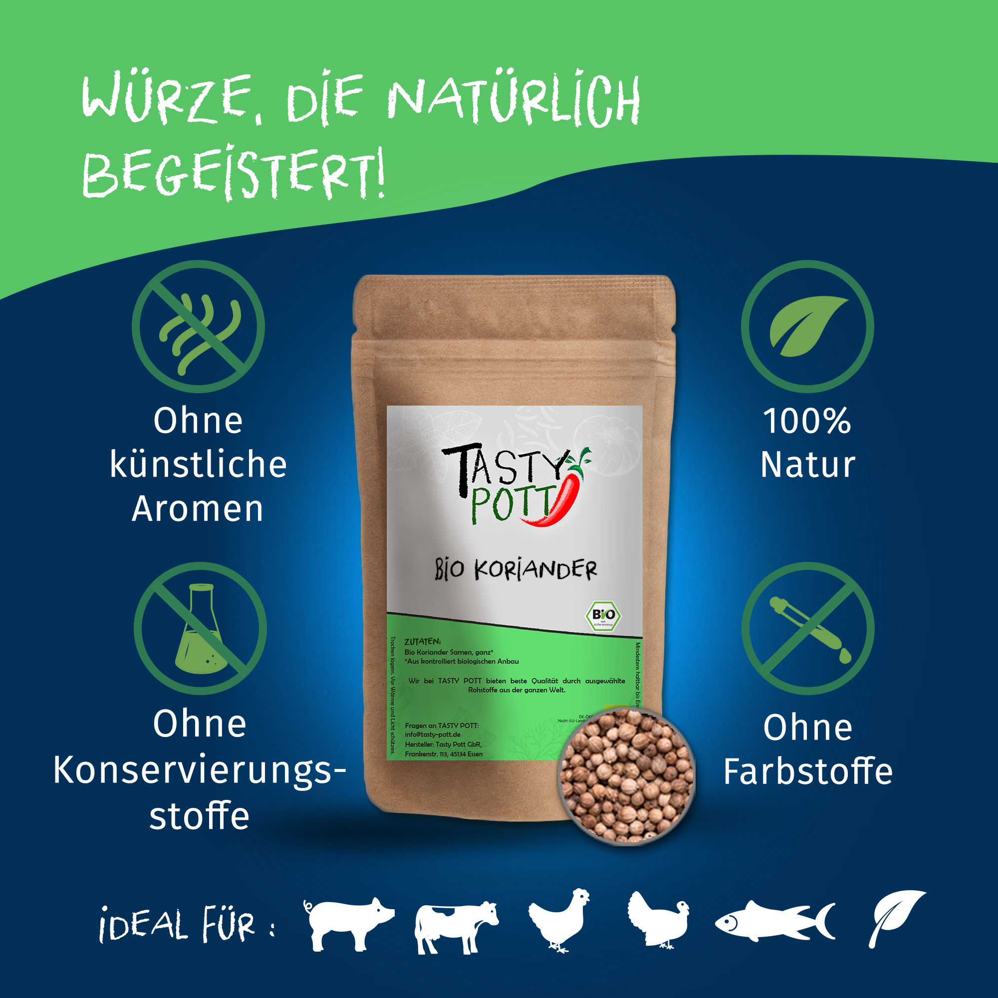 Bio Koriander ganz - coriandrum sativum - 60g Dose von Tasty Pott