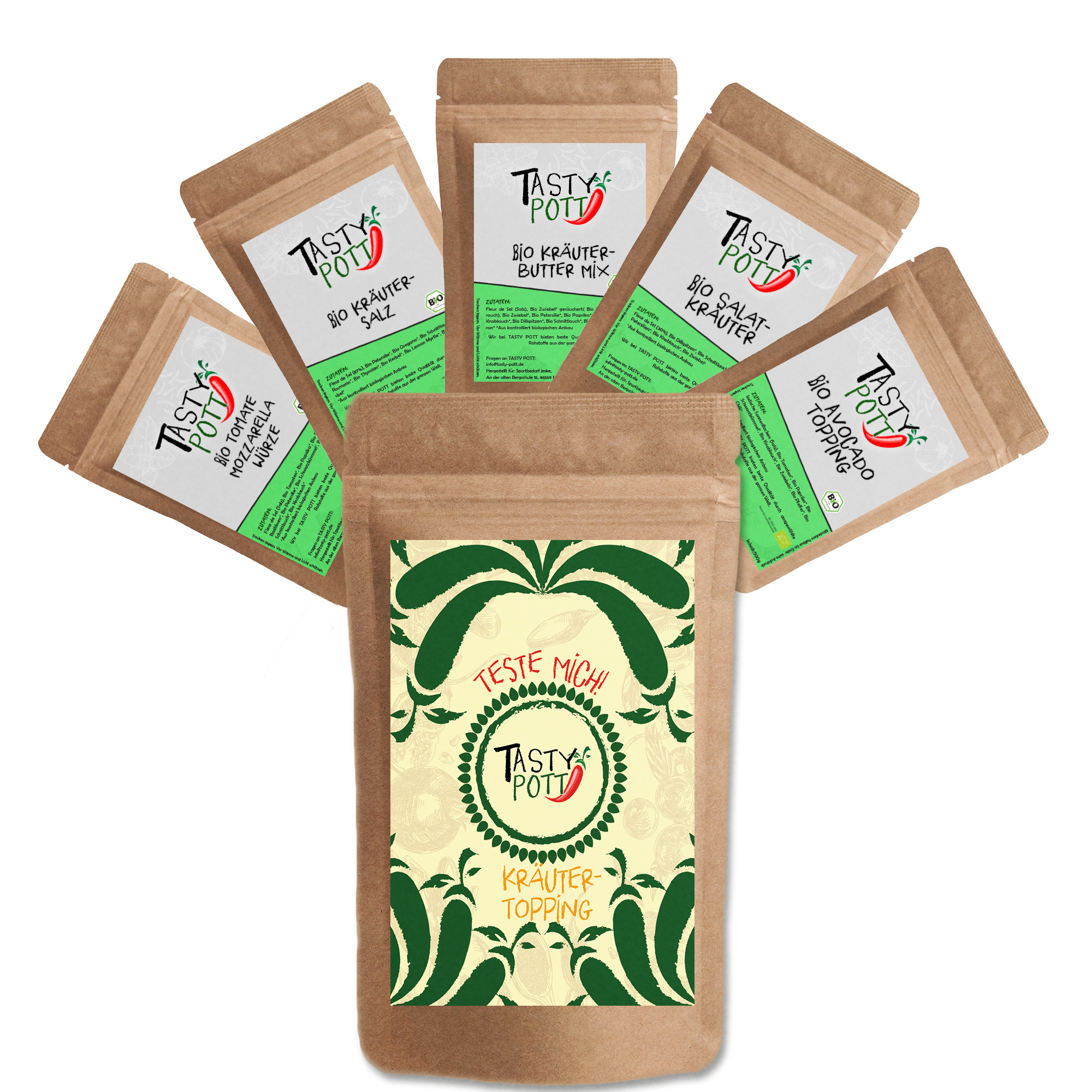Tasty Pott Bio Kräuter Topping Set 5x 30g Probiergrößen - Kräutermischungen - Gewürze
