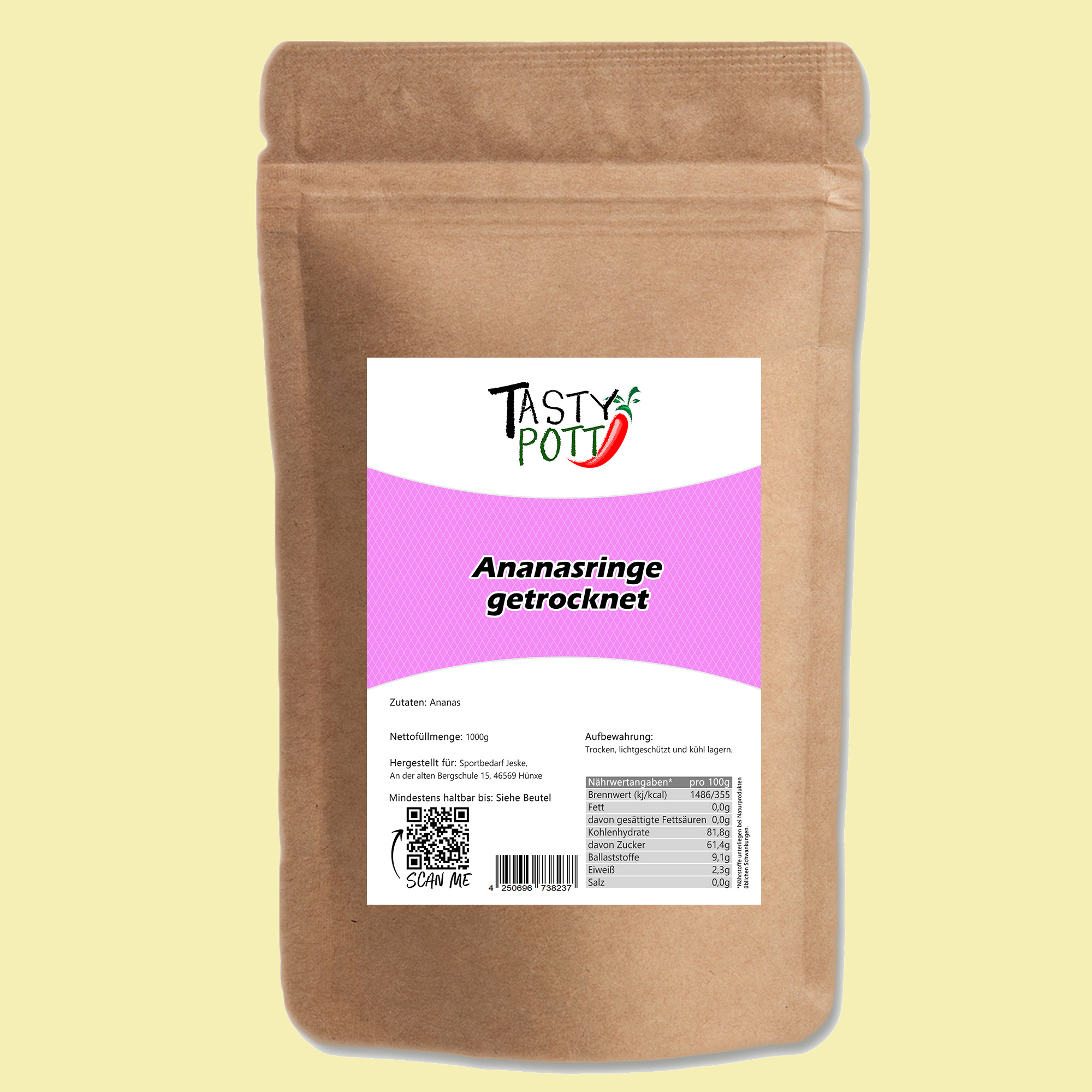 Getrocknete Ananasringe natur 1kg | Tasty Pott Natur Ananasringe getrocknet Snack