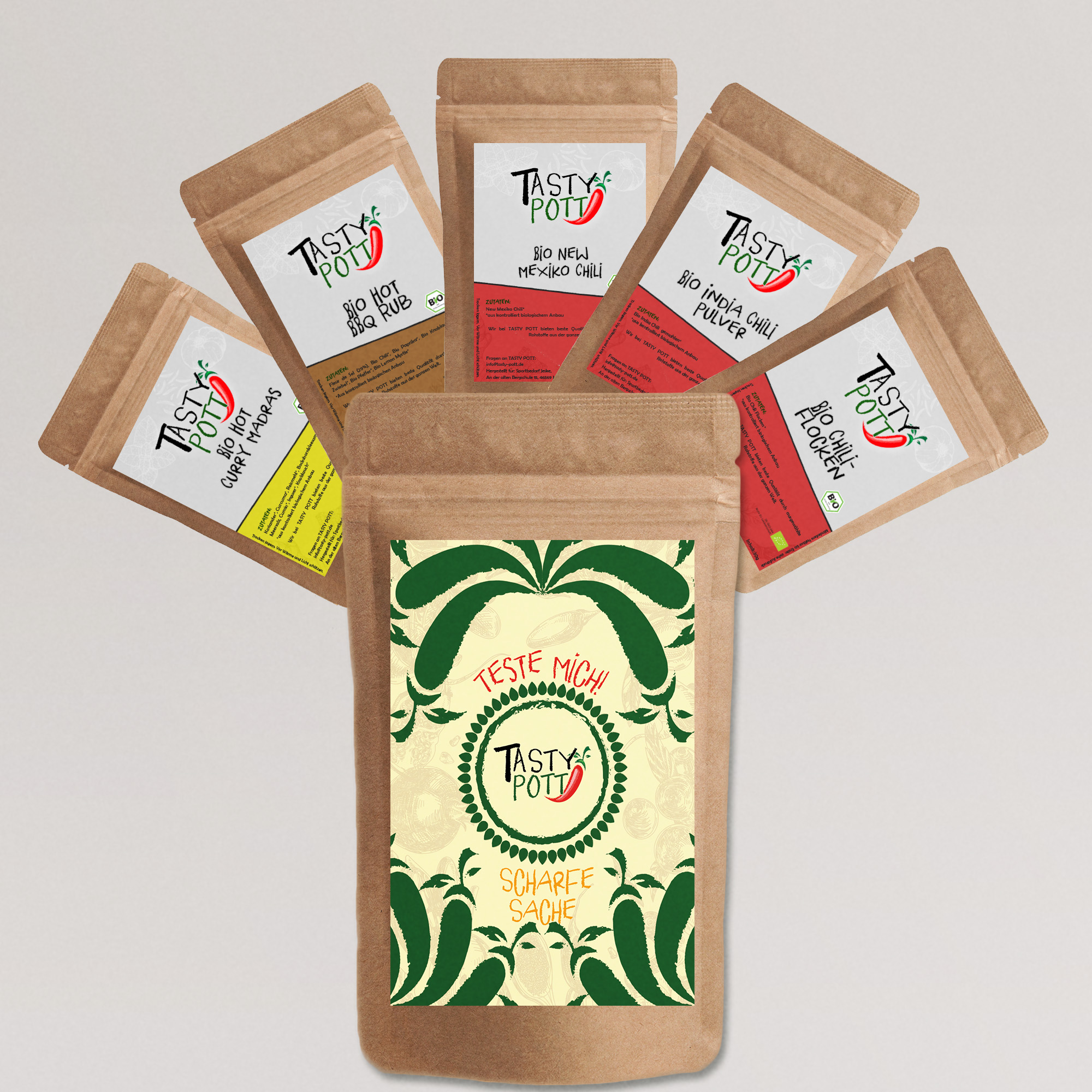 Scharfe Sache - Chili Set Bio Qualität | 5 x 30g Probiergrößen Tasty Pott 
