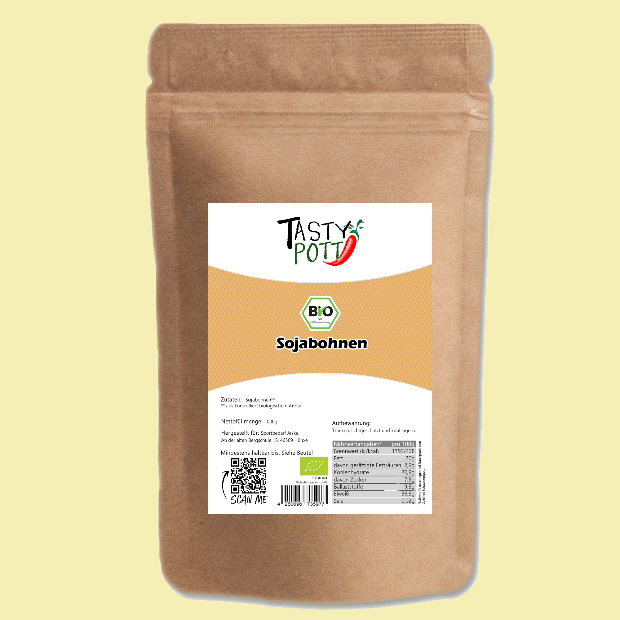 Sojabohnen Bio, getrocknet ganz | 1 kg Beutel Tasty Pott  Sojabohnen Bio, getrocknet ganz | 1 kg Beutel Tasty Pott