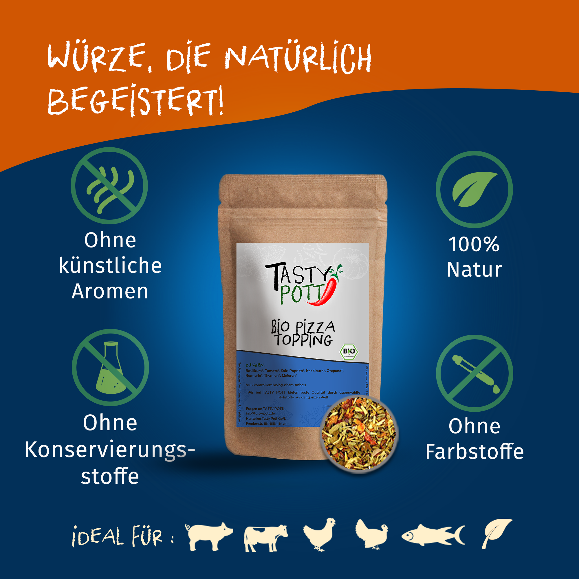 Bio Pizza Topping - Gewürzmischung - 70g Dose von Tasty Pott 