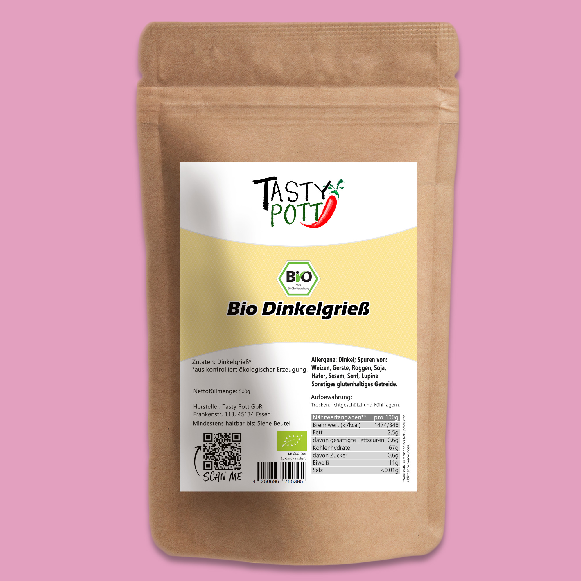 Tasty Pott Bio Dinkelgrieß – regionaler Bio-Genuss für süße & herzhafte Rezepte 1000g 