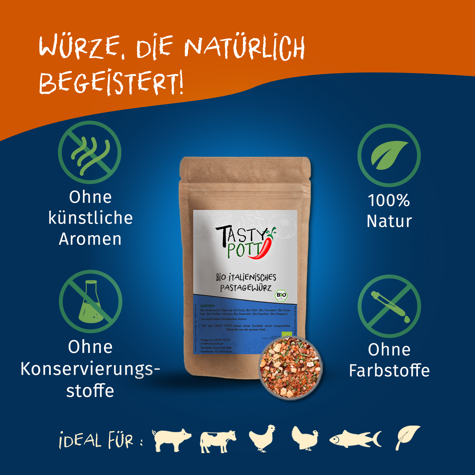 Italienisches Bio Pastagewürz - aromatisches Pasta Gewürz | 100g Dose Tasty Pott Italienisches Bio Pastagewürz - aromatisches Pasta Gewürz | 100g Dose Tasty Pott