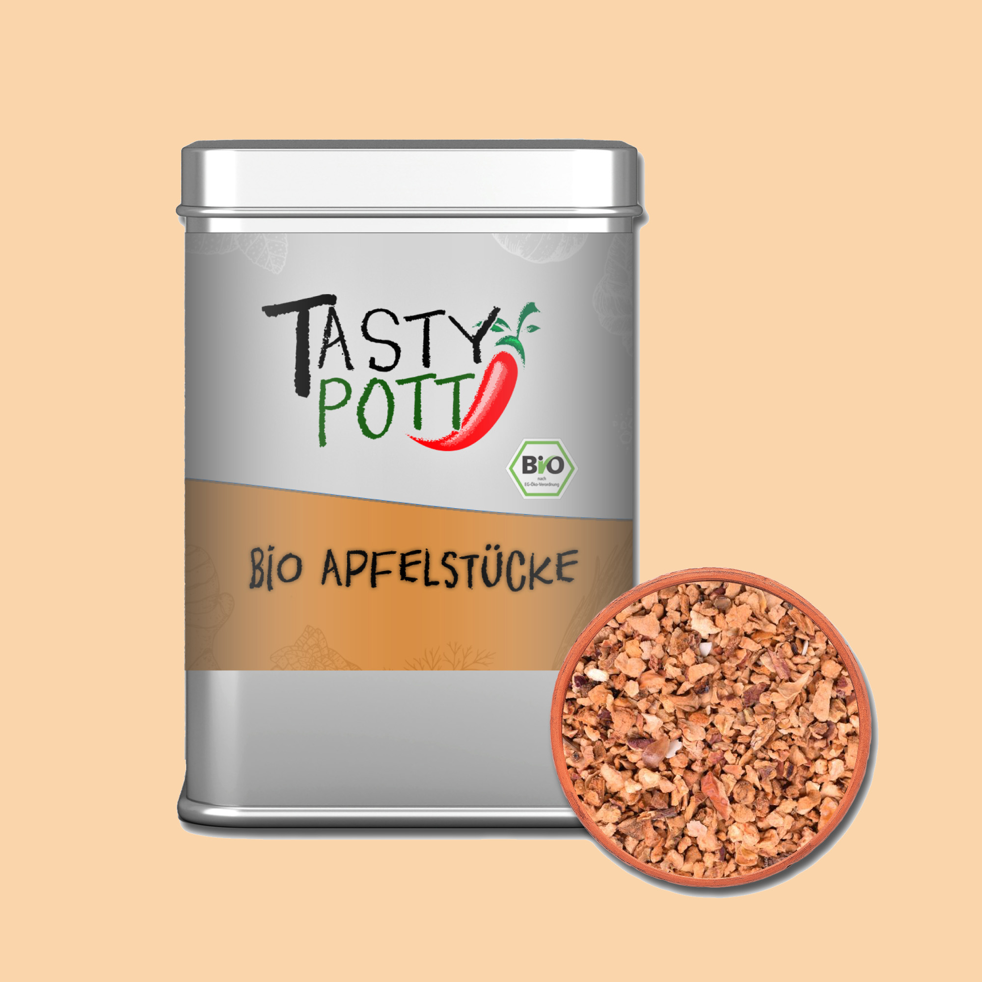 Apfelstücke Bio 3mm – 60g Fruchtstückchen | Tasty Pott Getrocknete Bio Apfelstücke in 60g Dose – fein geschnitten