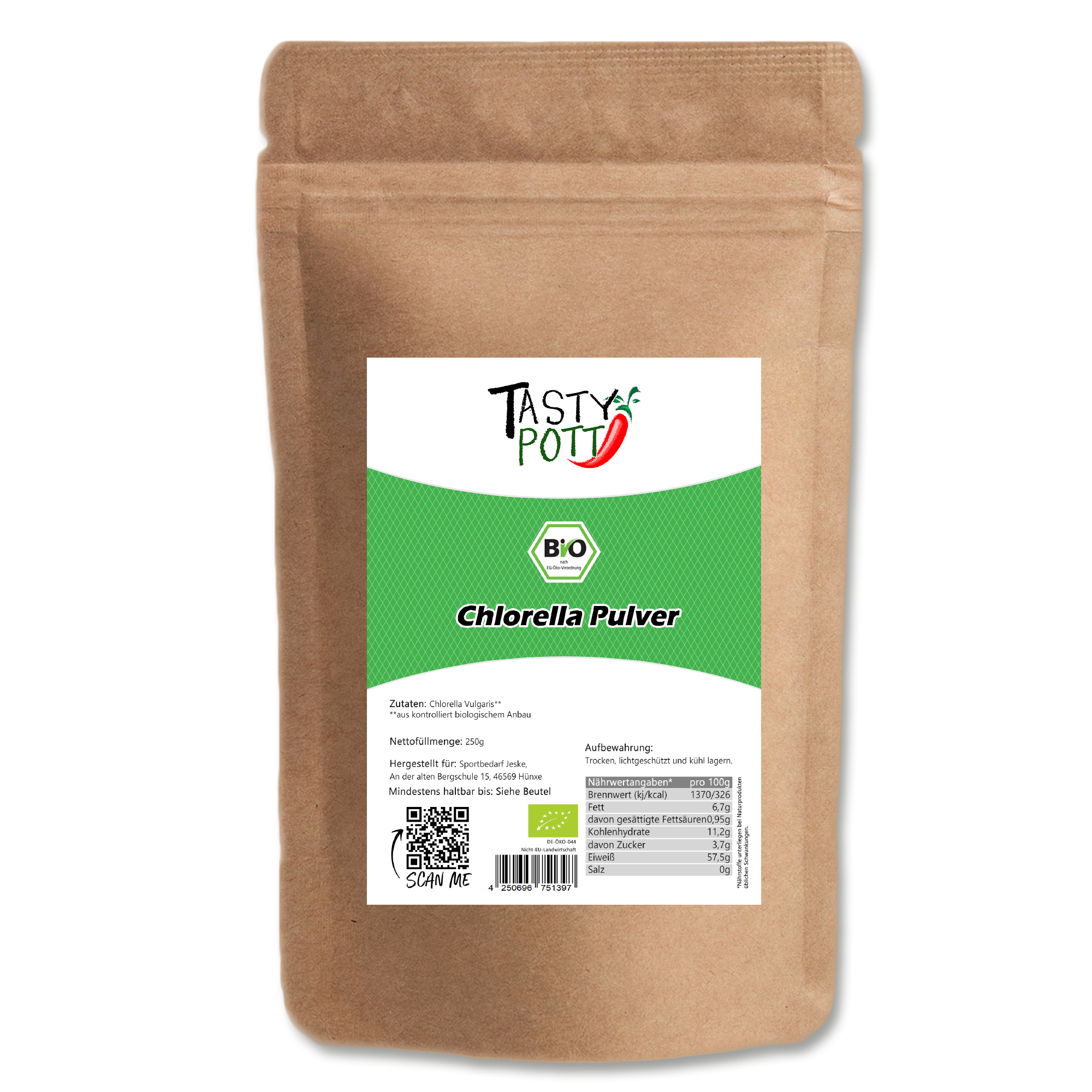 Chlorella Pulver Bio – 250g Beutel | Tasty Pott Feines Bio Chlorella Pulver im 250g Beutel – nährstoffreich & vegan