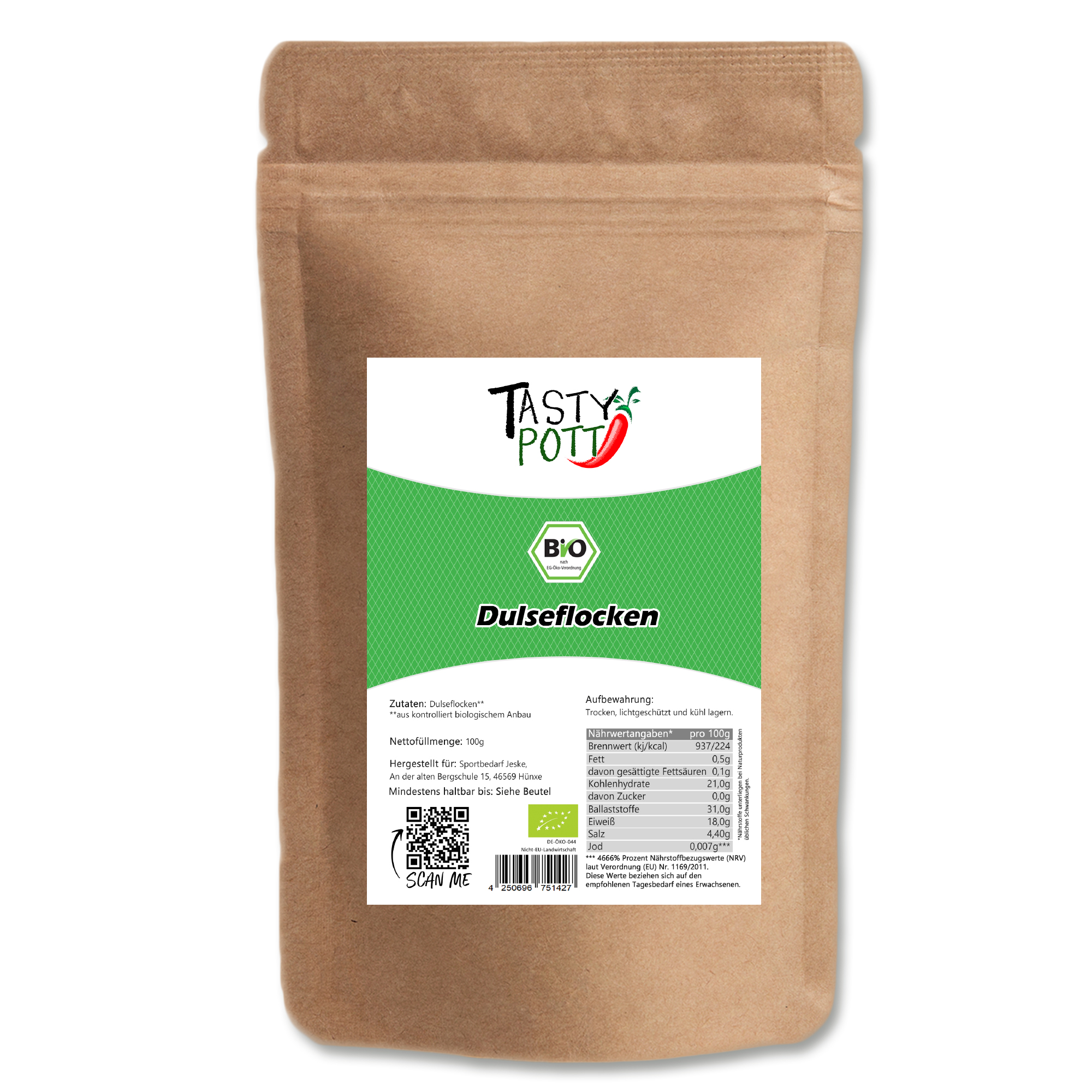Bio Dulse Flocken - Lappentang Alge Dulse Flocken kaufen - 100g Beutel von Tasty Pott  
