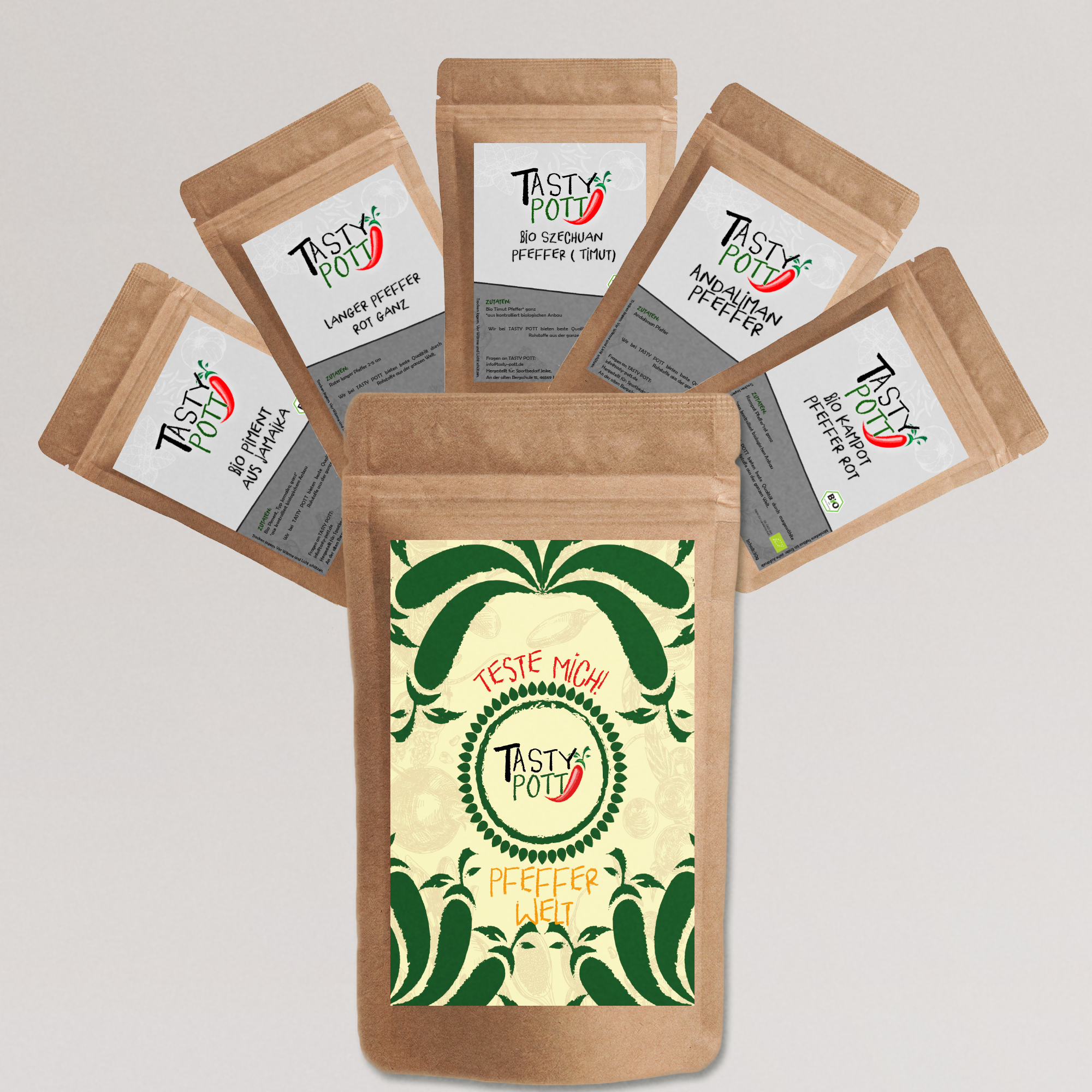 Tasty Pott Pfeffer Welt Set 5x 30g Probierset - Pepper - Pfefferkörner - Geschmacksintensiv