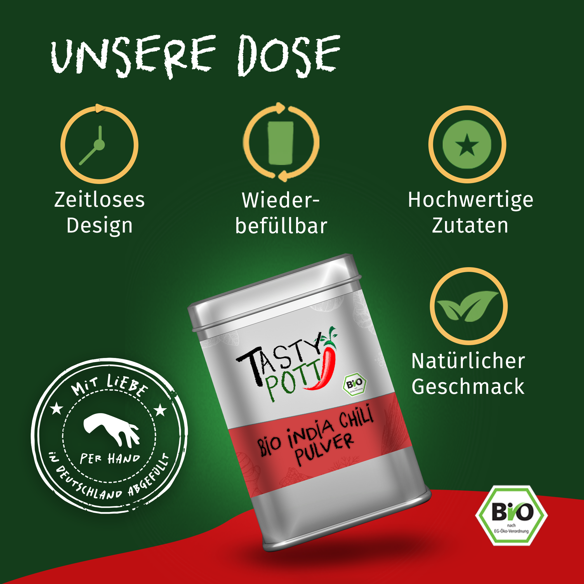 Bio India Chili - Indisches Chilipulver gemahlen - 80g Dose von Tasty Pott