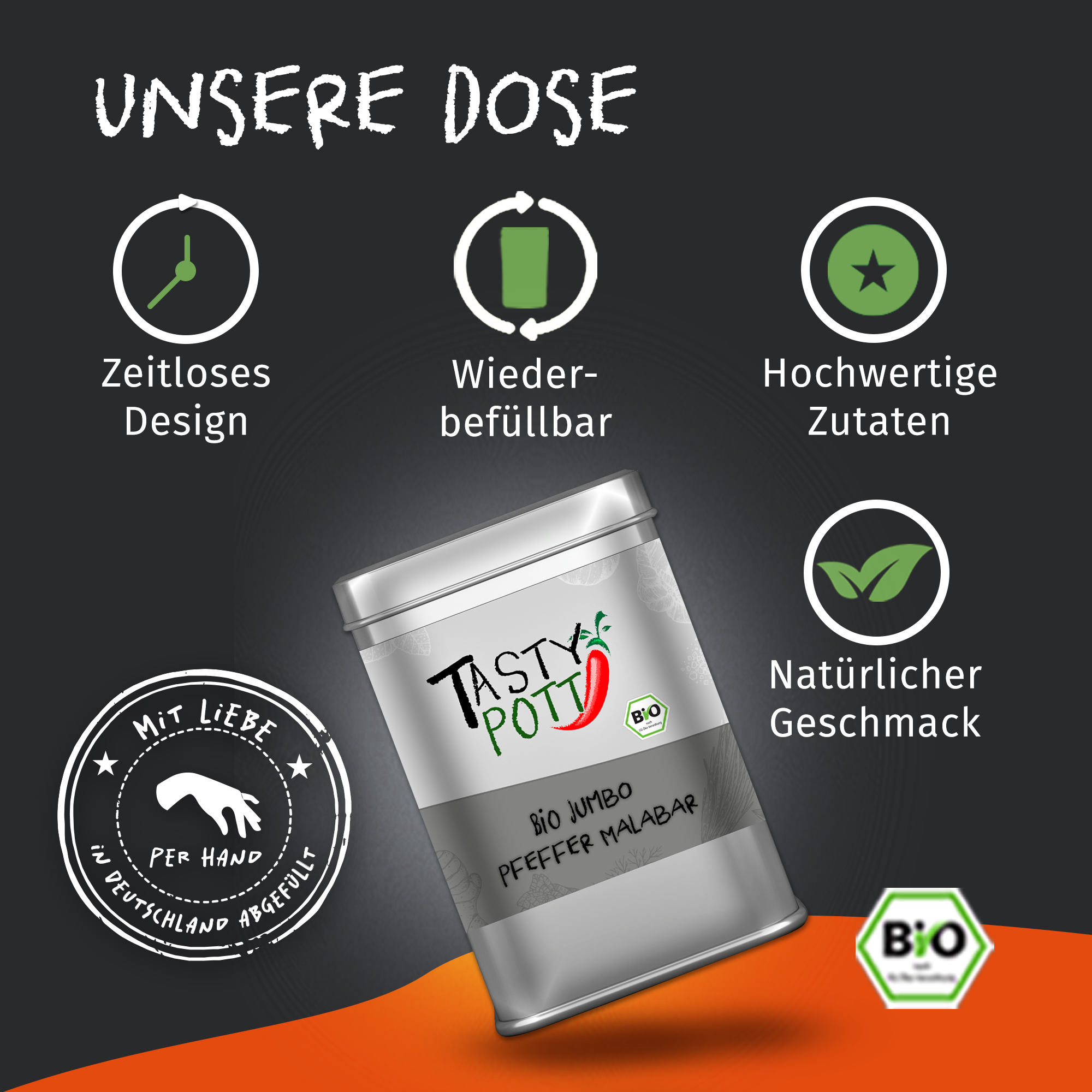 Tasty Pott Bio Jumbo Malabar Pfeffer 70g Tasty Pott Bio Jumbo Malabar Pfeffer 70g