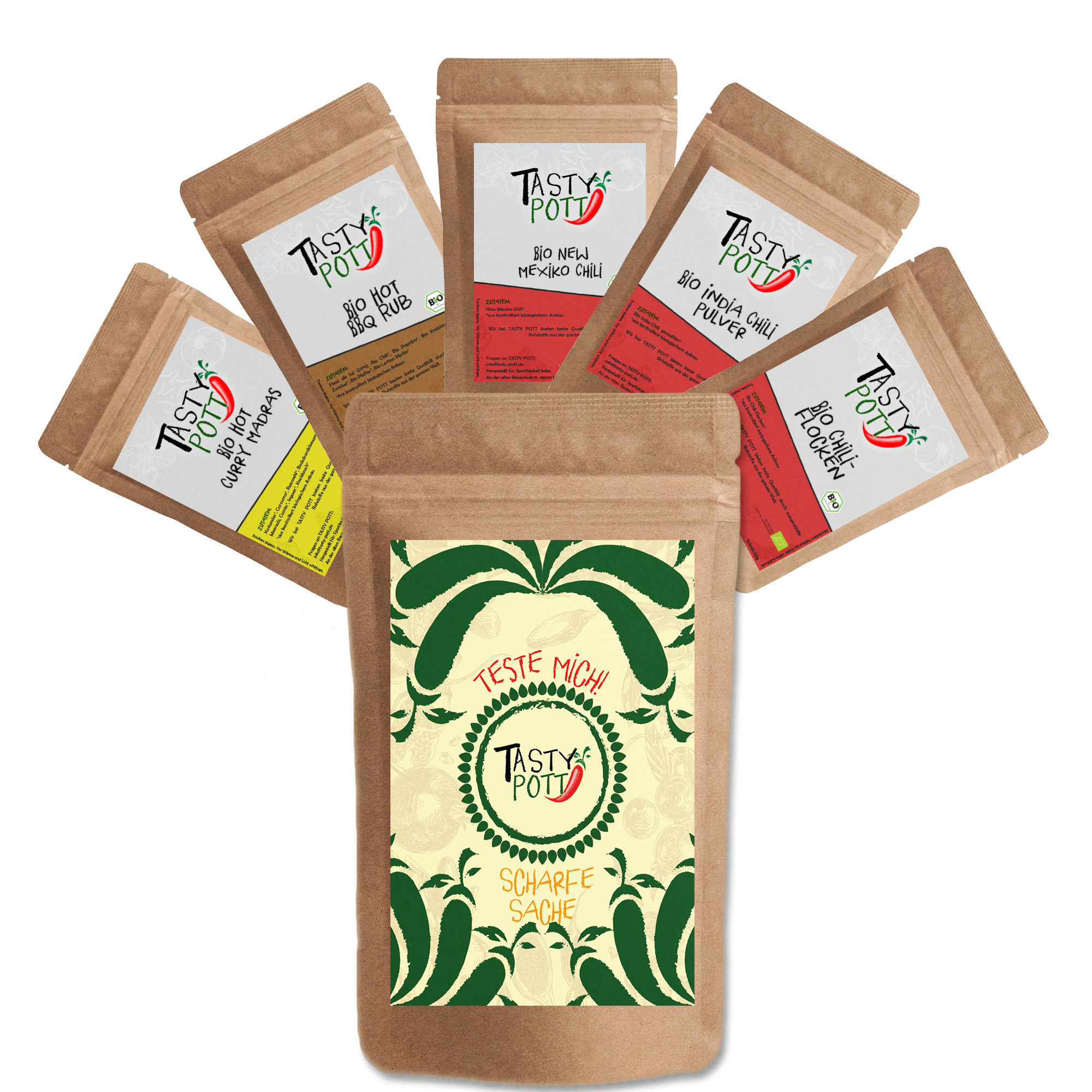 Scharfe Sache - Chili Set Bio Qualität | 5 x 30g Probiergrößen Tasty Pott 