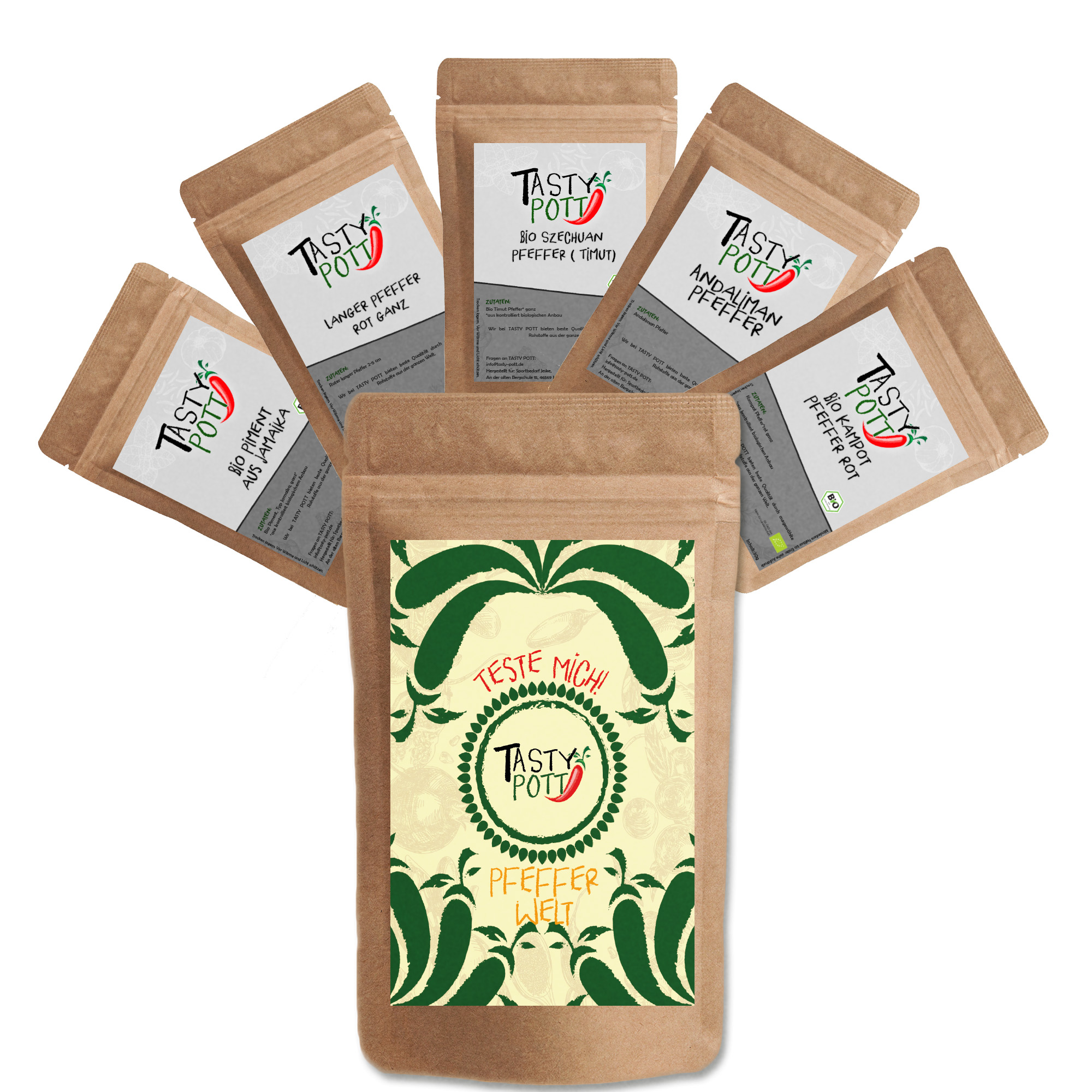 Tasty Pott Pfeffer Welt Set 5x 30g Probierset - Pepper - Pfefferkörner - Geschmacksintensiv