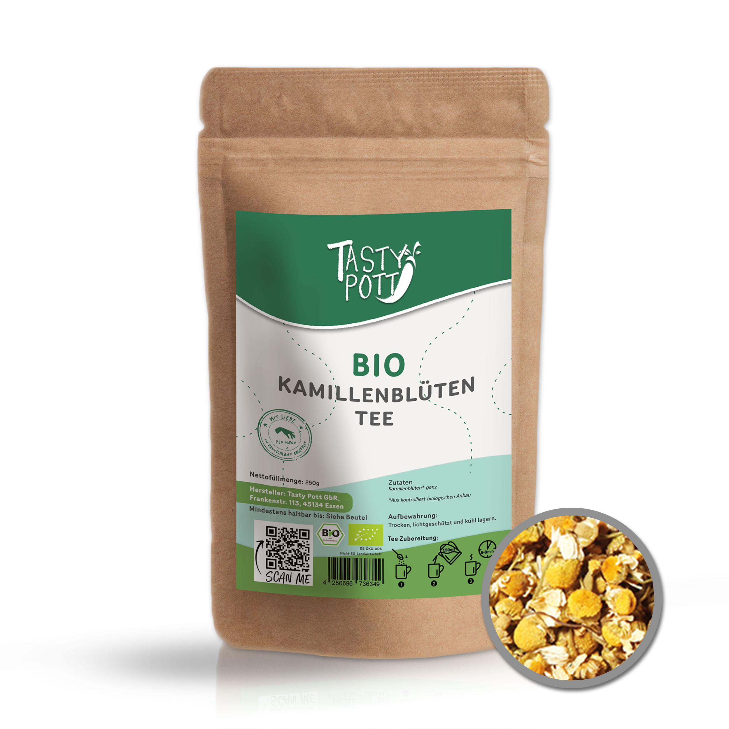 Kamillenblüten getrocknet, Bio - für leckeren Kamillentee | 250g Beutel Tasty Pott 