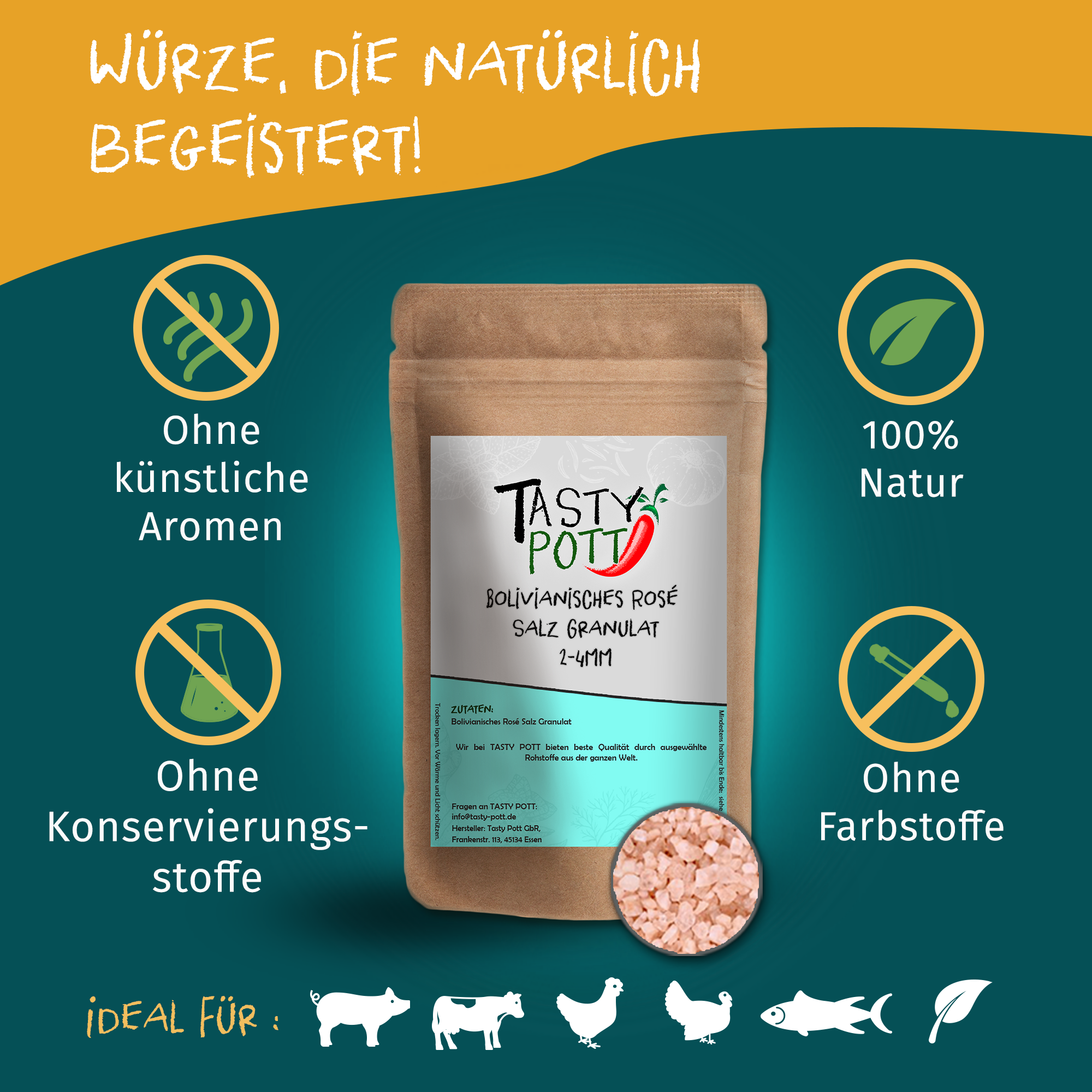 Bolivianisches Rosé Salz Granulat (2-4mm) 100g Dose von Tasty Pott 