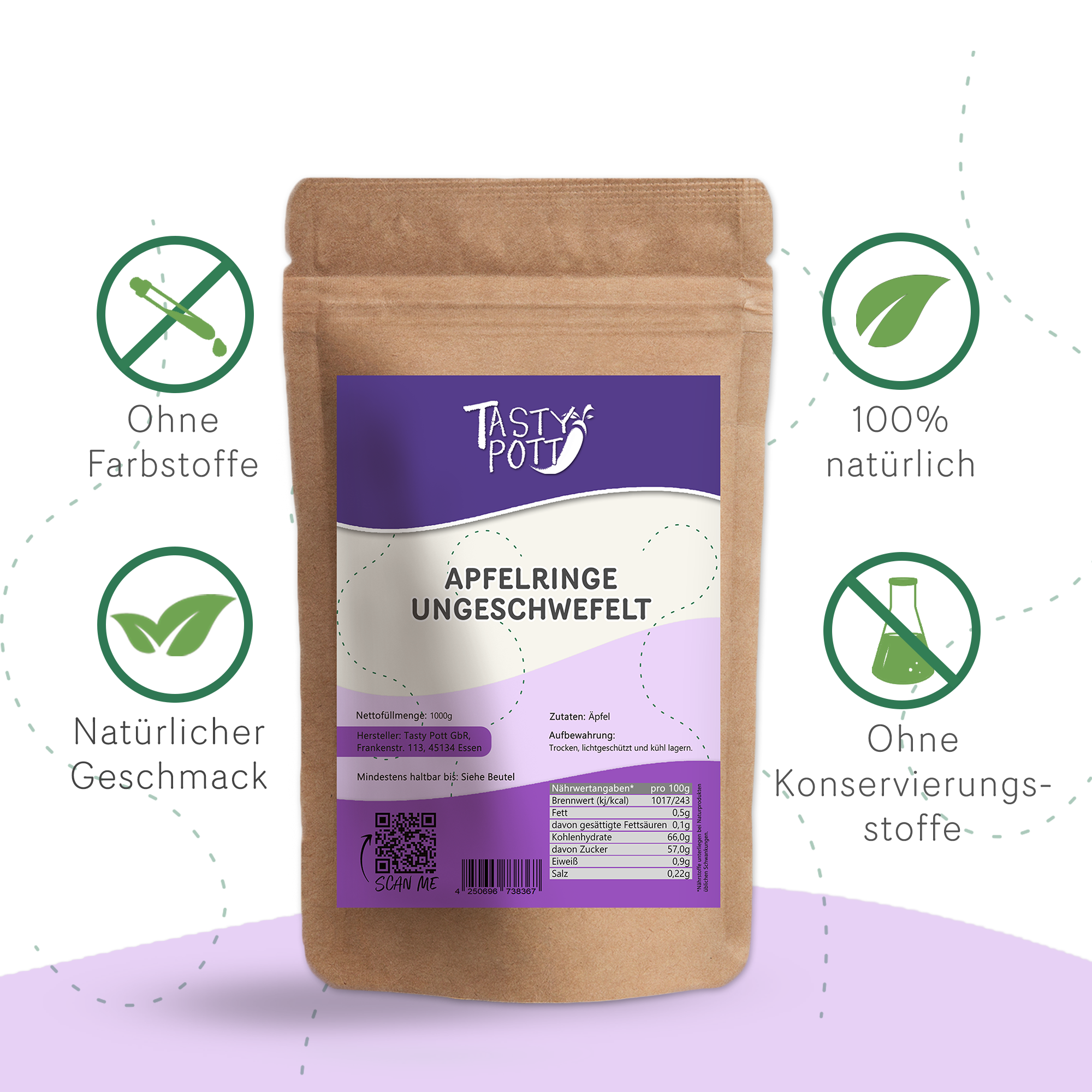 Tasty Pott Apfelringe getrocknet, ungeschwefelt 1Kg